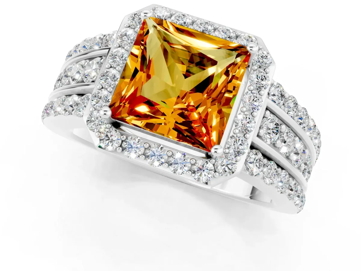 Princess Cut Halo Citrine Ring with Round Split Shank and Prong Setting White gold