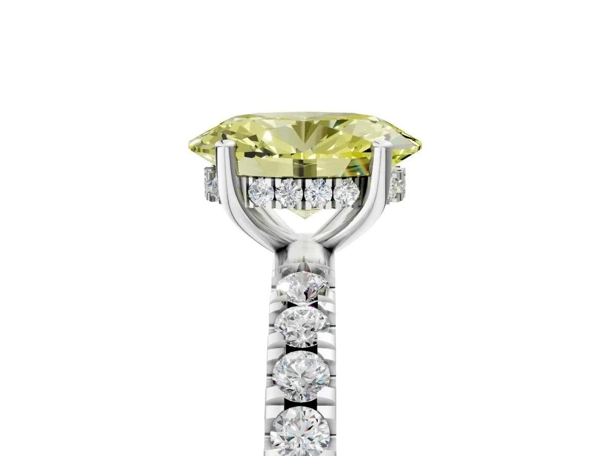Fancy Yellow Oval Cut Diamond Pave Band Solitaire Ring with Round and Prong Setting Silver
