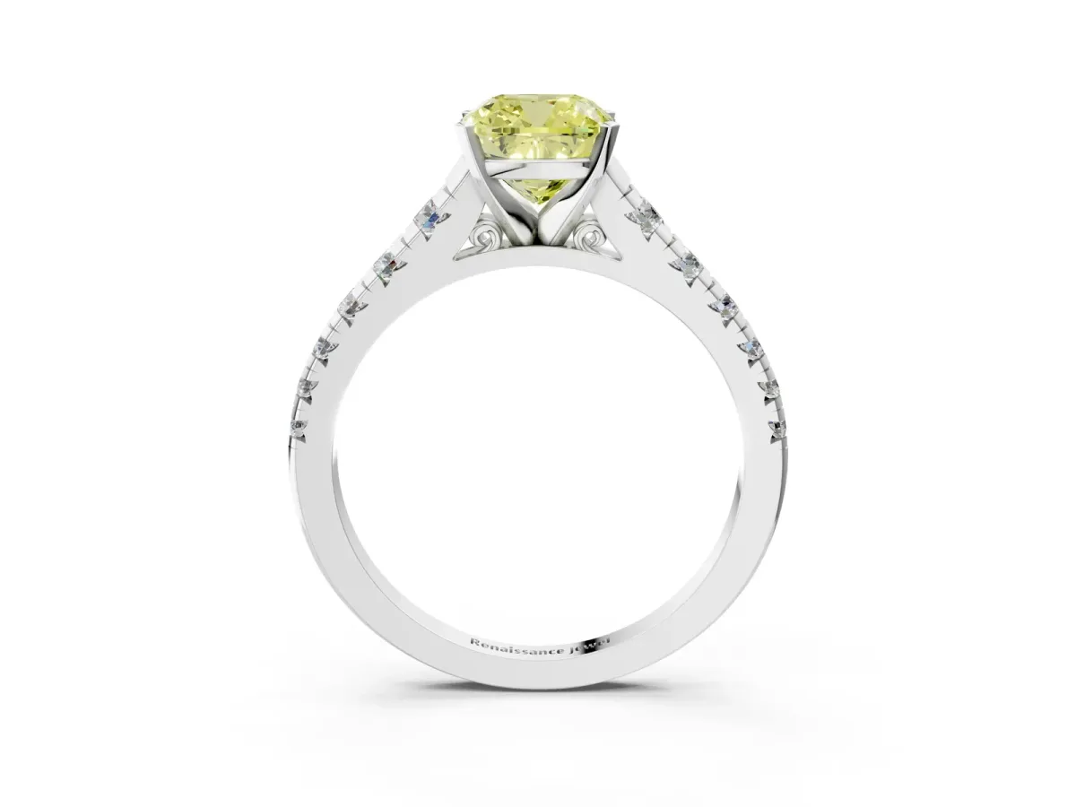 Fancy Yellow Cushion Cut Diamond Cathedral Solitaire Ring with Round Pavé Band White gold