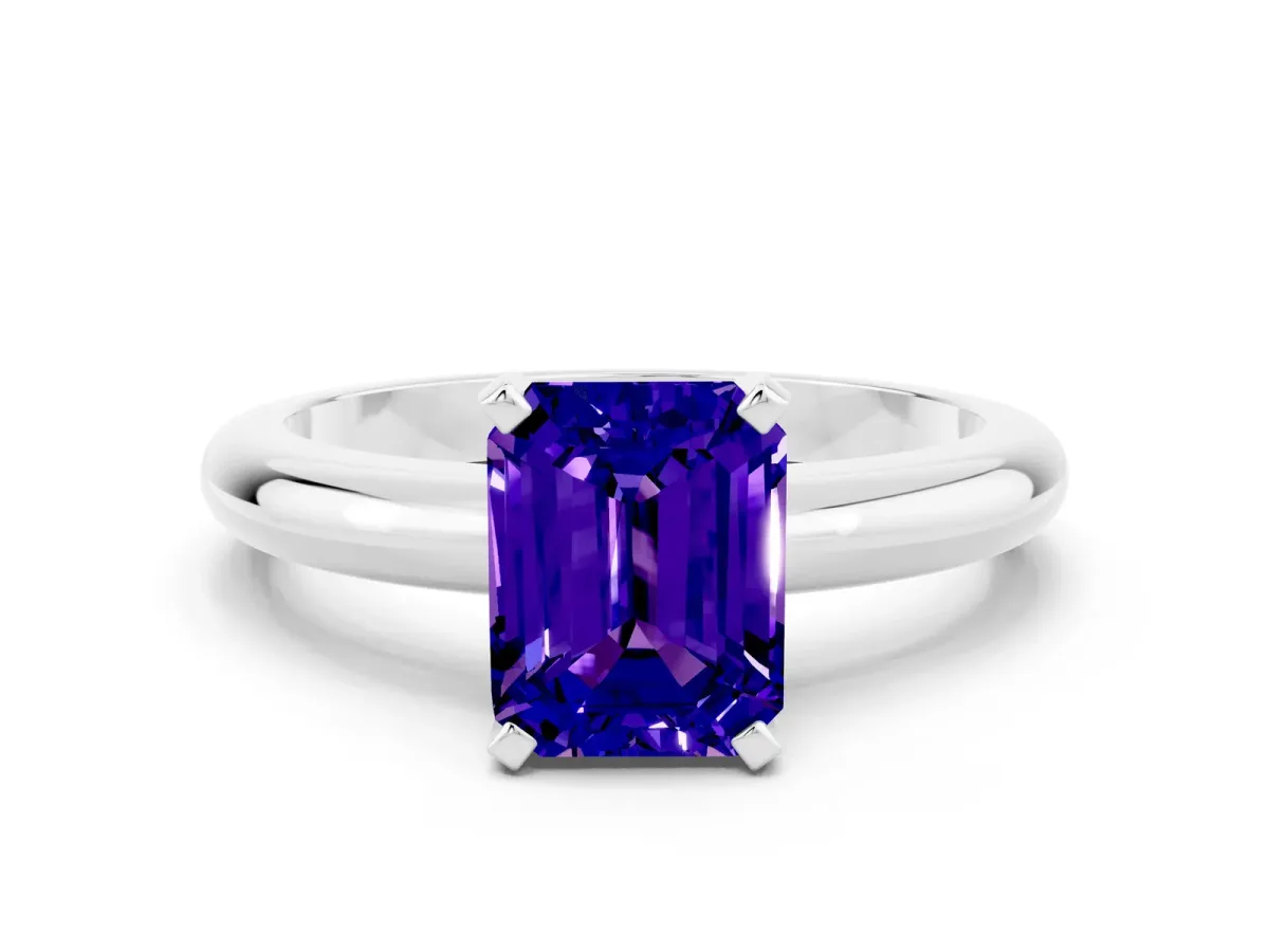 Emerald Cut Tanzanite Solitaire Engagement Ring with Round Band and Four-Prong Setting Silver