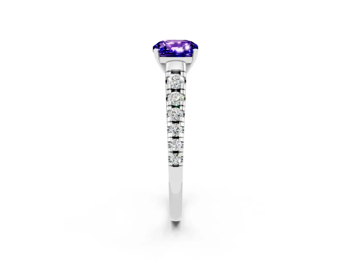 Cushion Cut Tanzanite Cathedral Solitaire Ring with Round Pavé Band Platinum