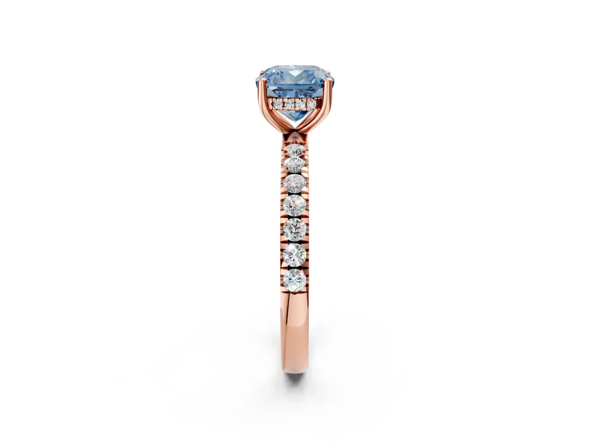 Fancy Blue Cushion Cut Diamond Pave Band Solitaire Ring with Round and Prong Setting Rose gold
