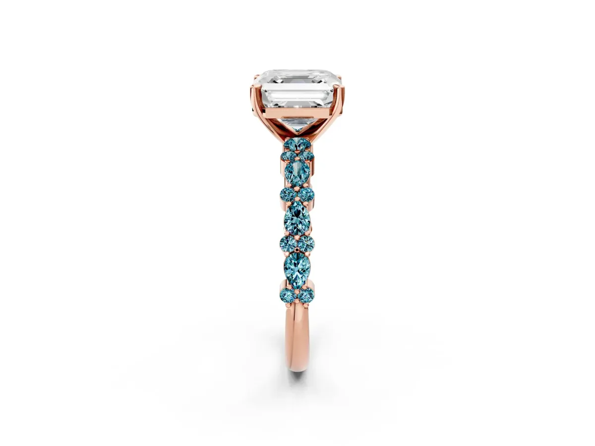 Asscher Cut Diamond Side Stone Solitaire Ring with Round Blue Topaz and Four-Prong Setting Rose gold