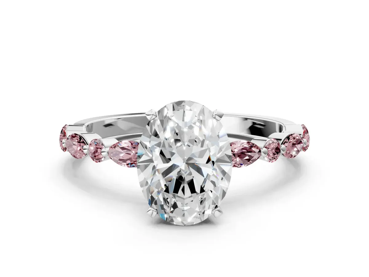 Oval Cut Diamond Ring with Marquise and Round Morganite Side Stones and Four-Prong Setting Silver