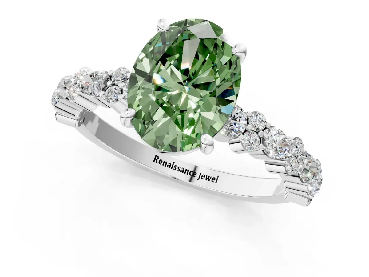 Fancy Green Oval Cut Diamond Side Stone Solitaire Ring with Round and Four-Prong Setting Platinum
