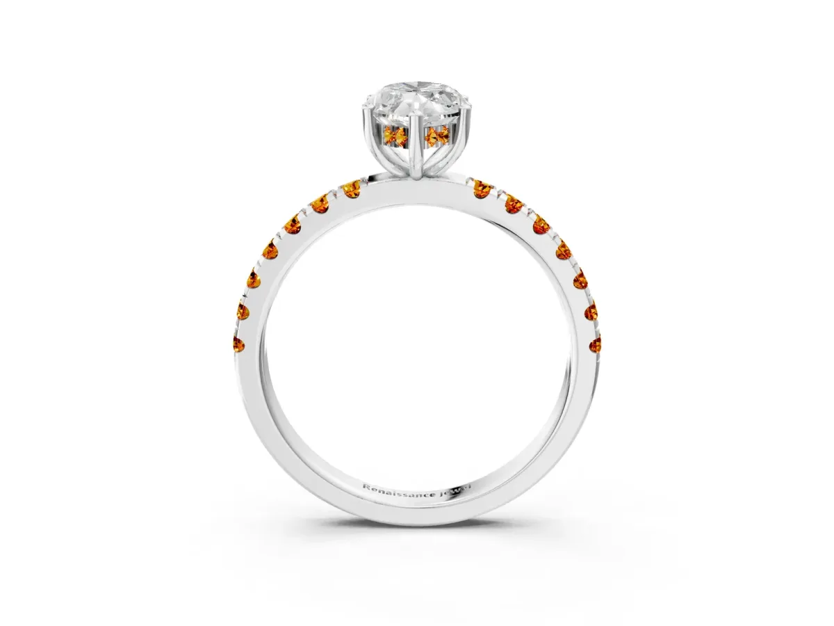 Marquise Cut Diamond Pave Band Solitaire Ring with Round Citrine and Prong Setting Platinum