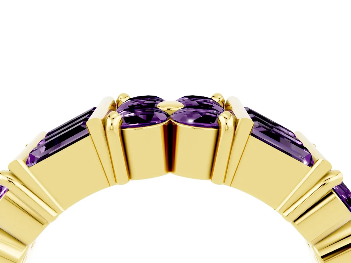 Channel Set Round and Baguette Amethyst Anniversary Band with Prong Setting Yellow gold