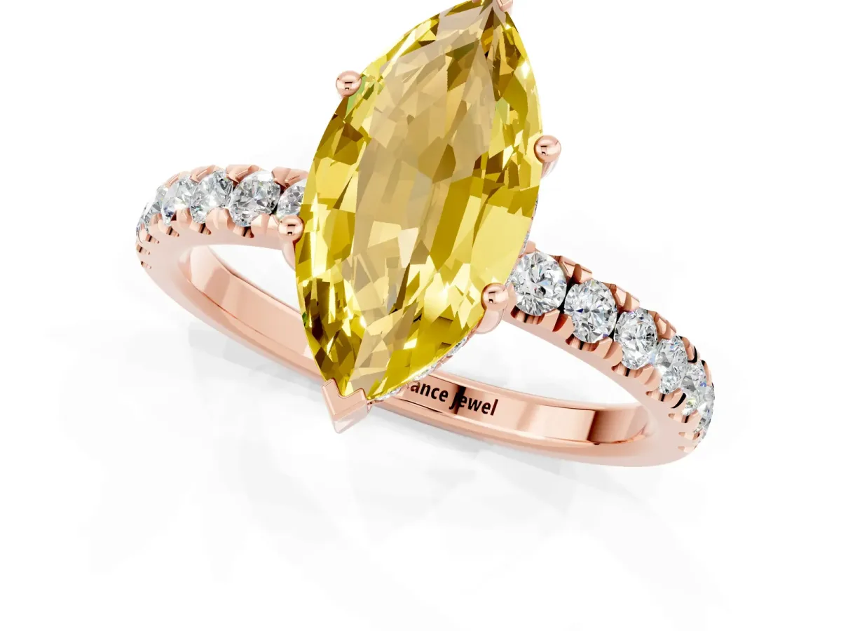 Marquise Cut Yellow Sapphire Pave Band Solitaire Ring with Round and Prong Setting Rose gold
