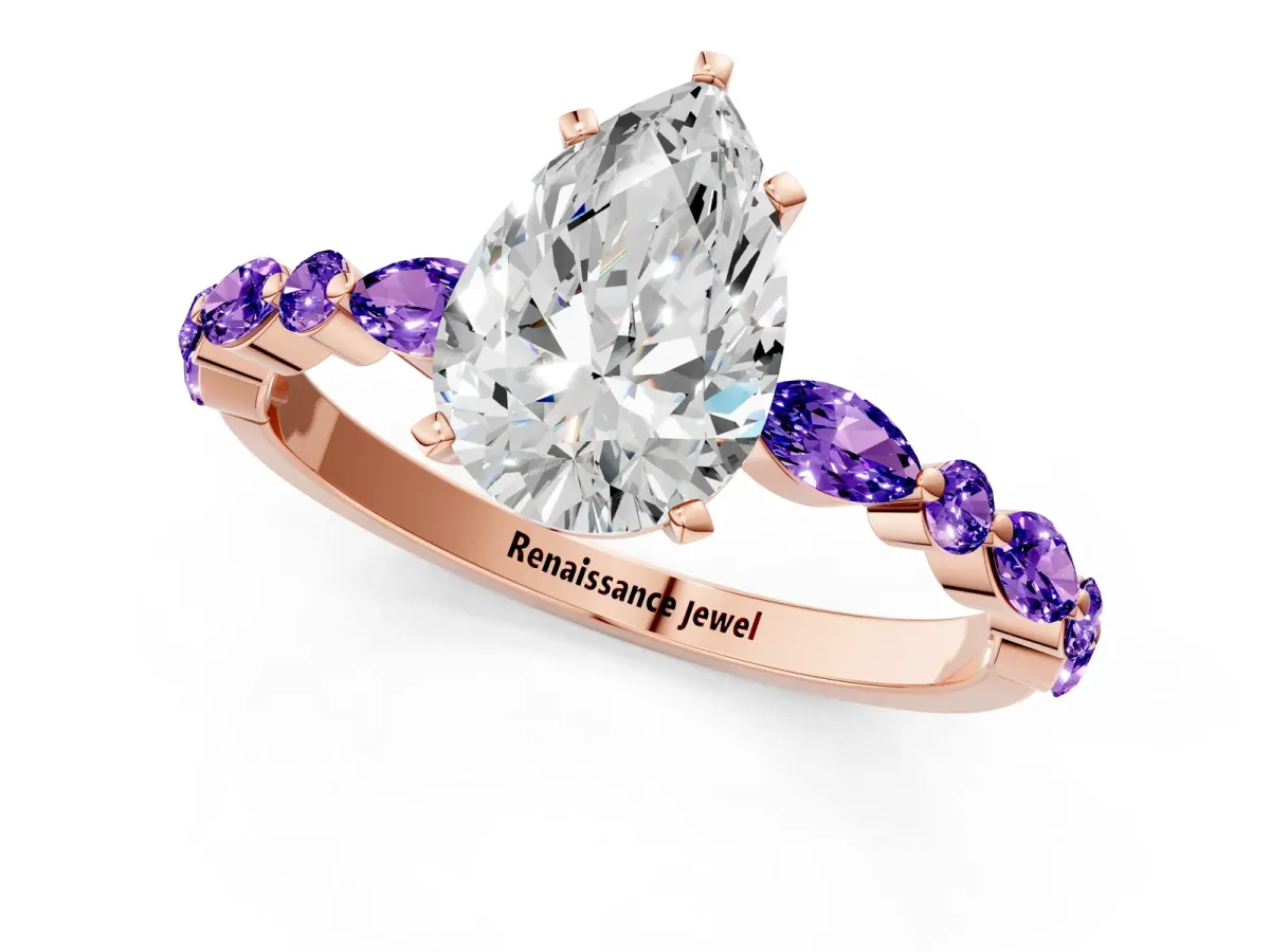 Pear Cut Diamond Ring with Marquise and Round Tanzanite Side Stones and Four-Prong Setting Rose gold