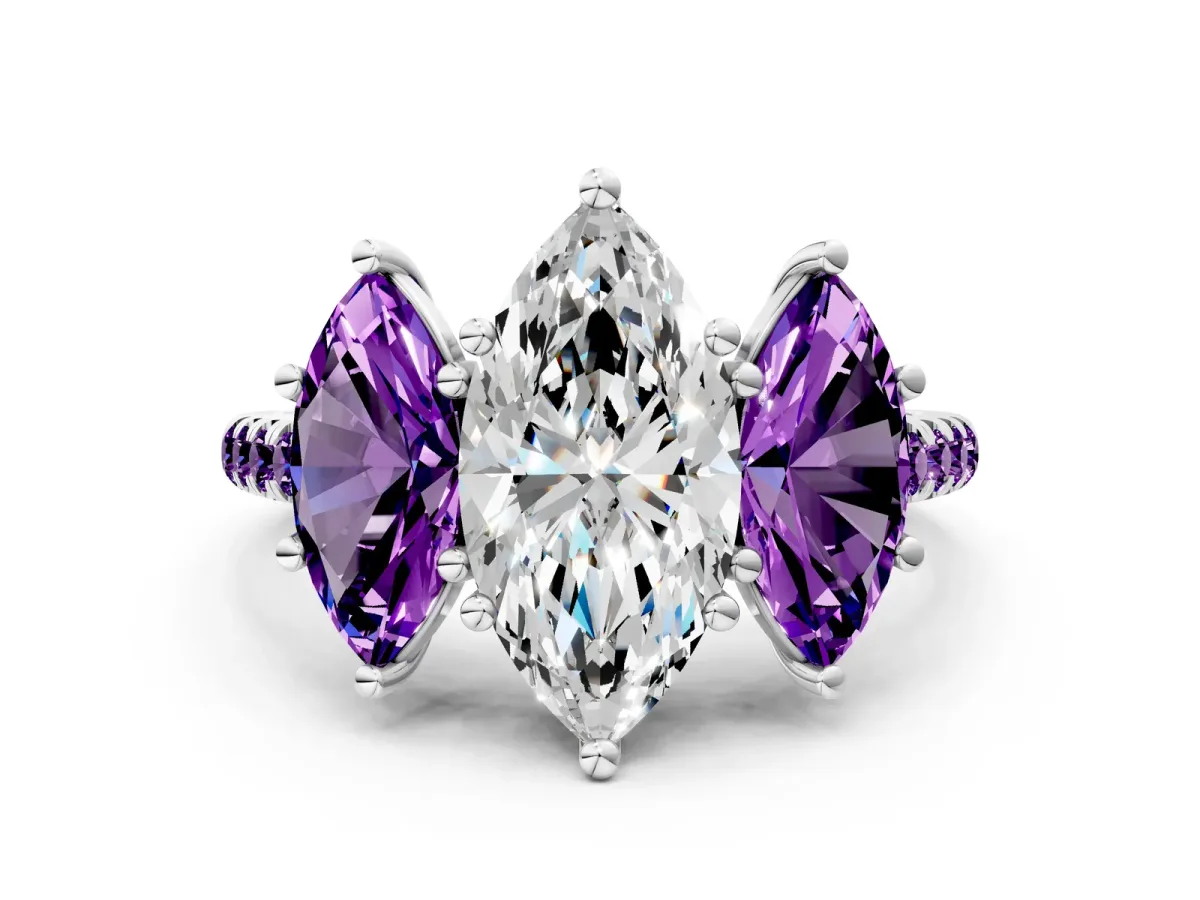Three-Stone Marquise Cut Diamond Ring with Round Amethyst Pavé Band and Prong Setting Platinum