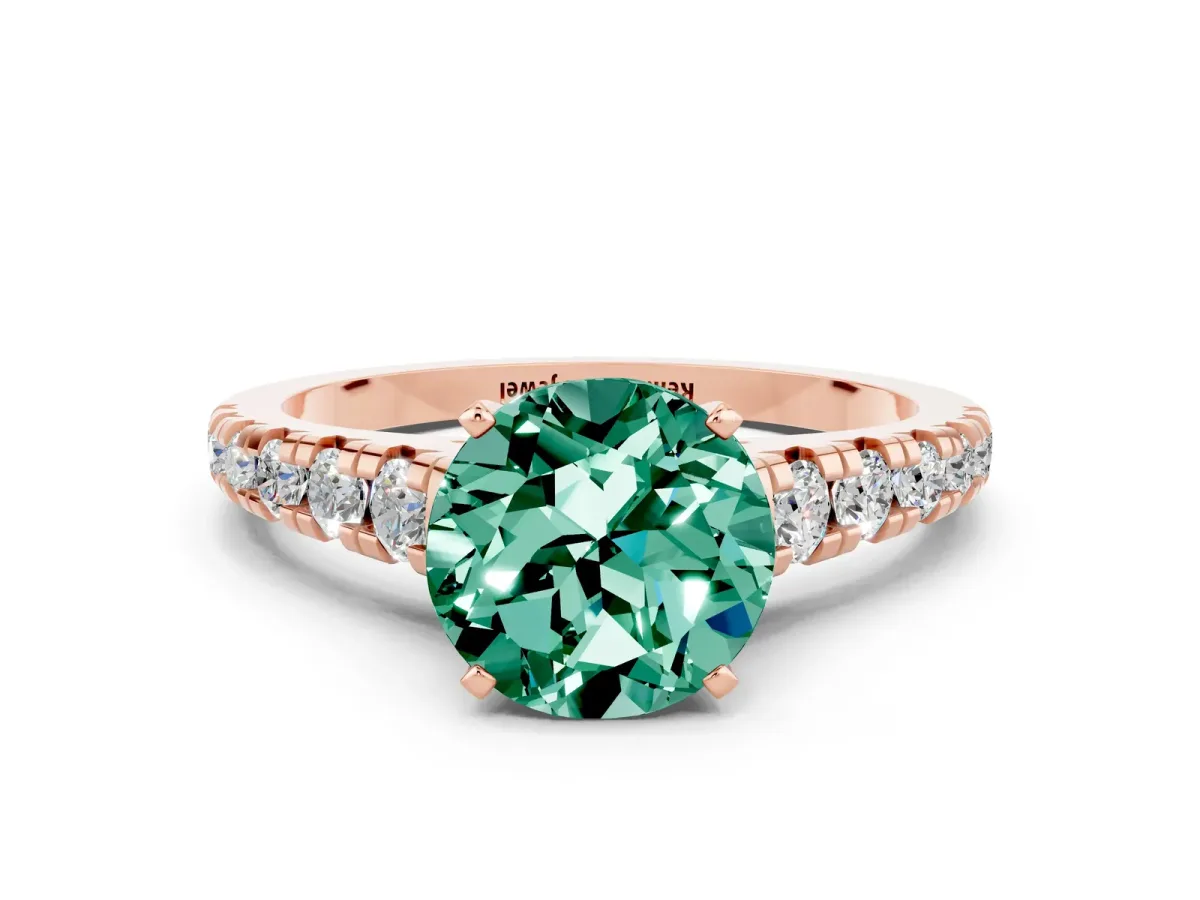 Round Cut Green Sapphire Cathedral Solitaire Ring with Round Pavé Band Rose gold