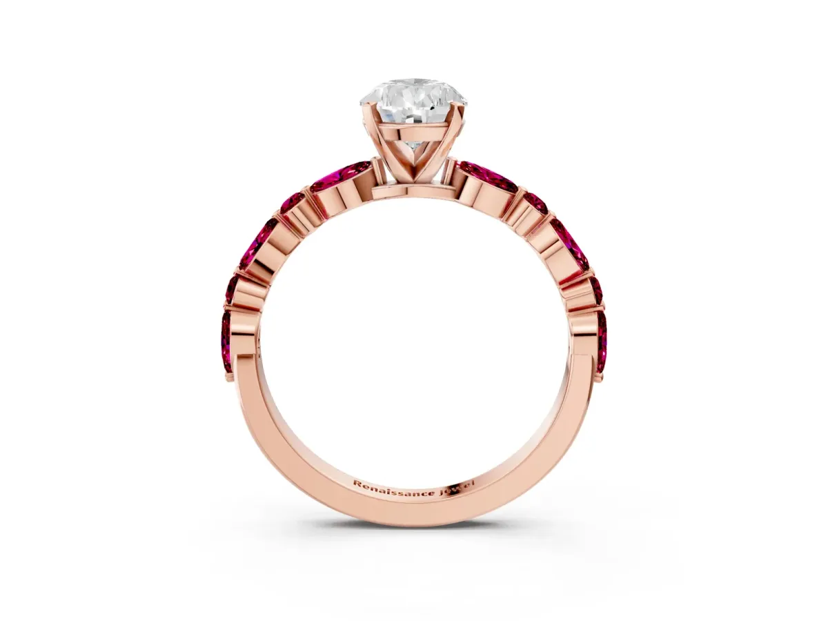Pear Cut Diamond Ring with Marquise and Round Garnet Side Stones and Four-Prong Setting Rose gold