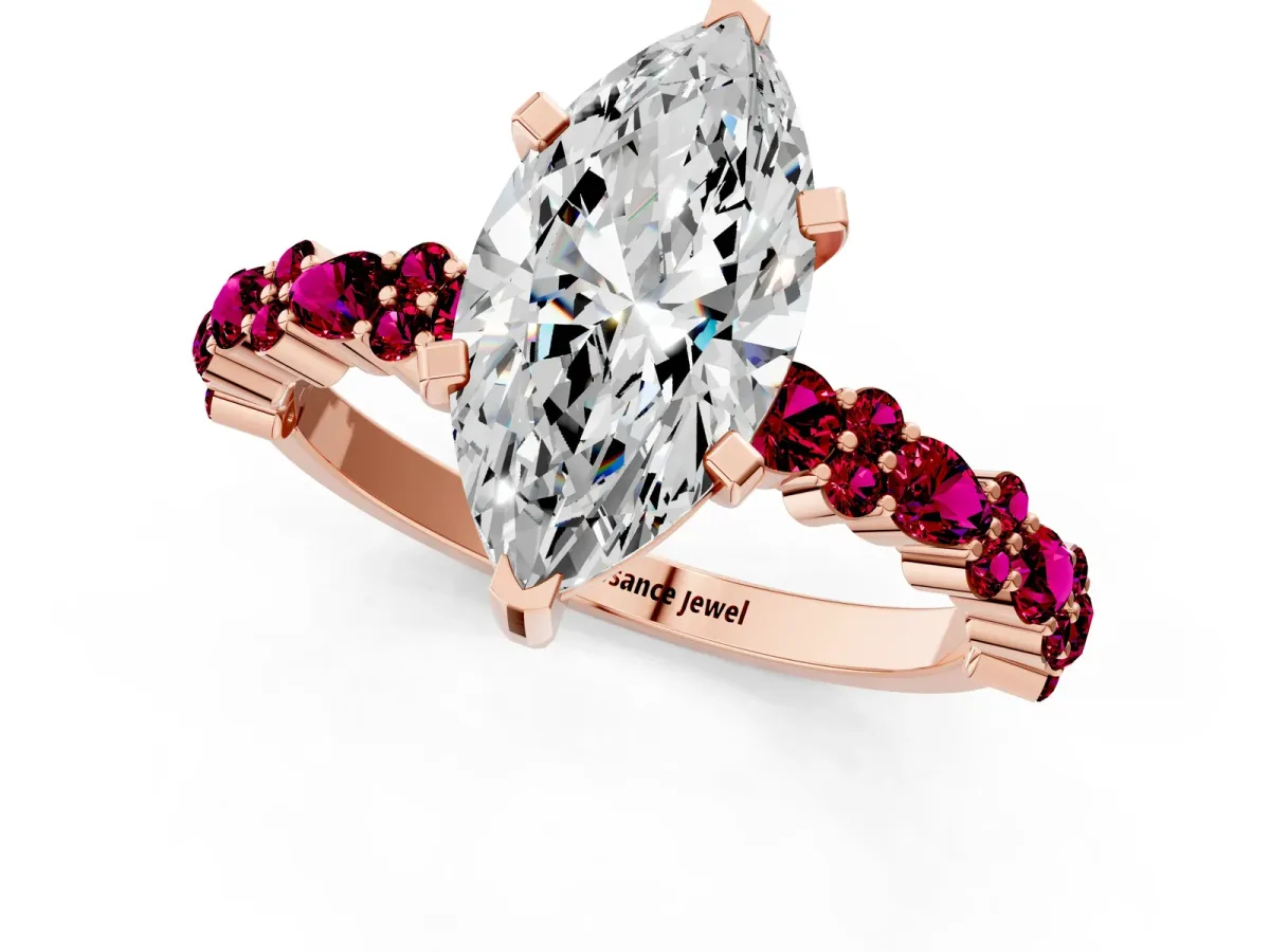 Marquise Cut Diamond Side Stone Solitaire Ring with Round Garnet and Four-Prong Setting Rose gold