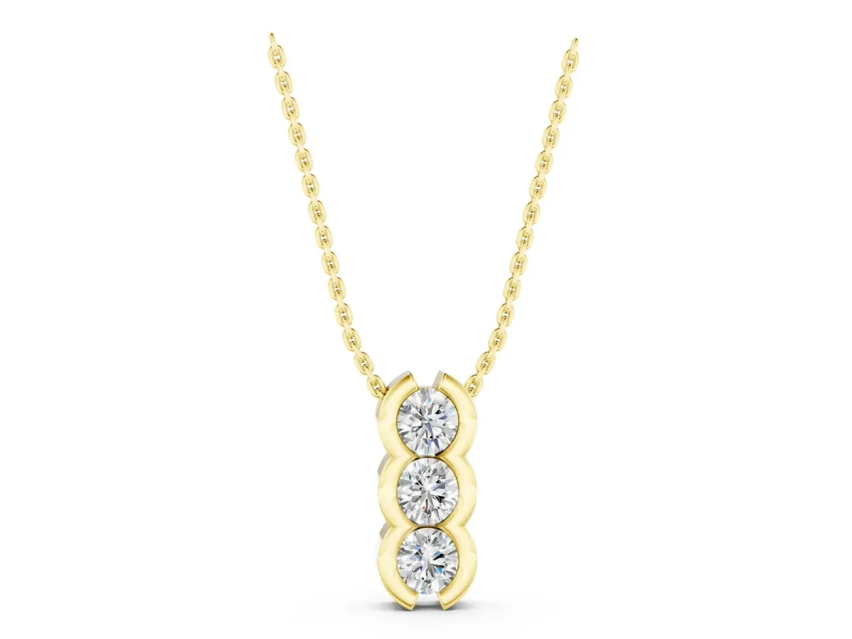 Three Stone Round Diamond Shared Prong Pendant Yellow gold