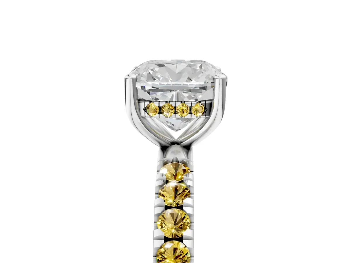 Cushion Cut Diamond Pave Band Solitaire Ring with Round Yellow Sapphire and Prong Setting Silver