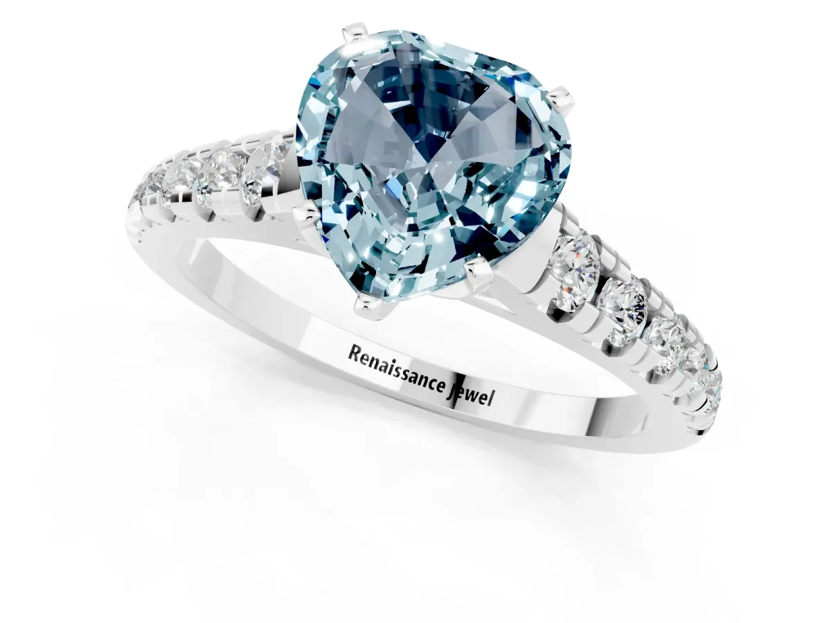 Heart Cut Aquamarine Cathedral Solitaire Ring with Round Pavé Band Silver