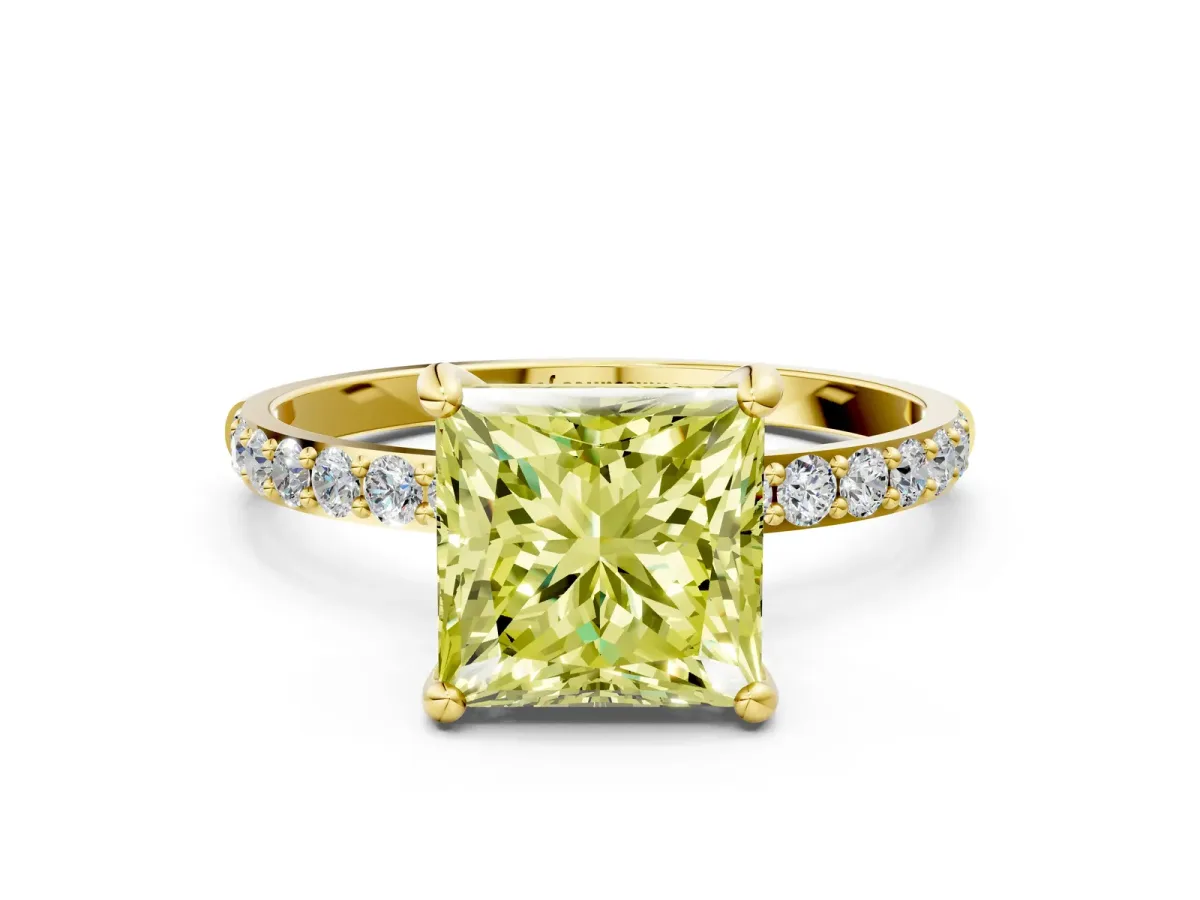 Fancy Yellow Princess Cut Diamond Solitaire Ring with Round Pavé Band and Prong Setting Yellow gold