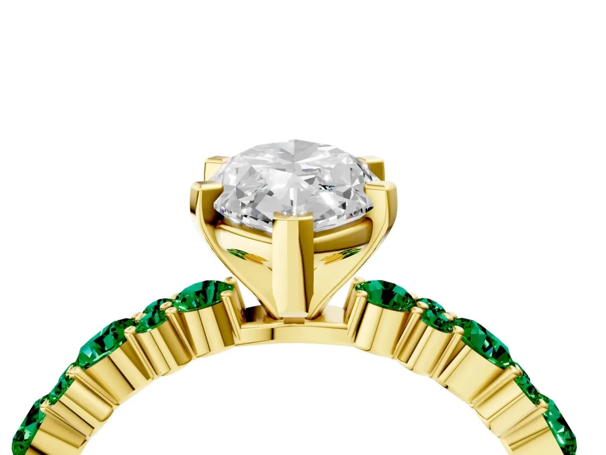 Marquise Cut Diamond Side Stone Solitaire Ring with Round Emerald and Four-Prong Setting Yellow gold