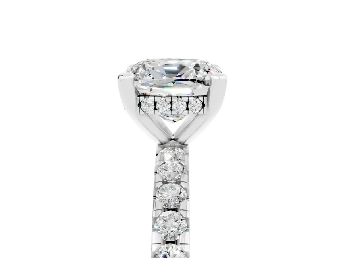 Cushion Cut Moissanite Solitaire Ring with Round Pavé Band and Four-Prong Setting Platinum