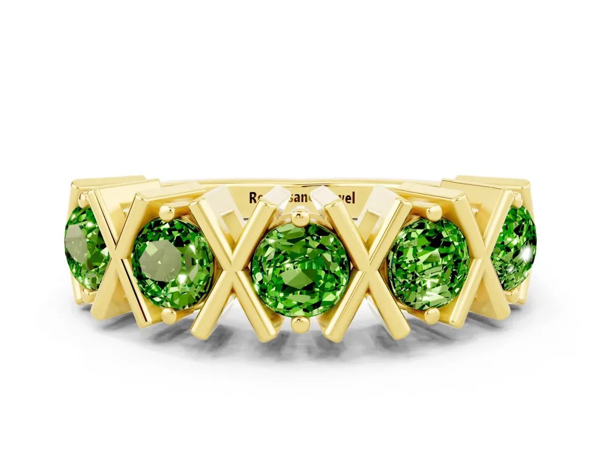 Round Peridot Channel Set Band with X-Prong Detail Yellow gold