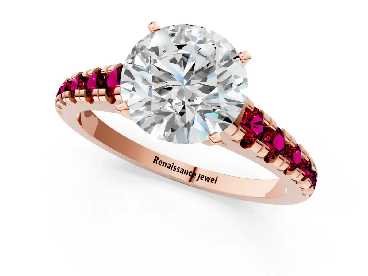 Round Cut Diamond Cathedral Solitaire Ring with Round Garnet Pavé Band Rose gold