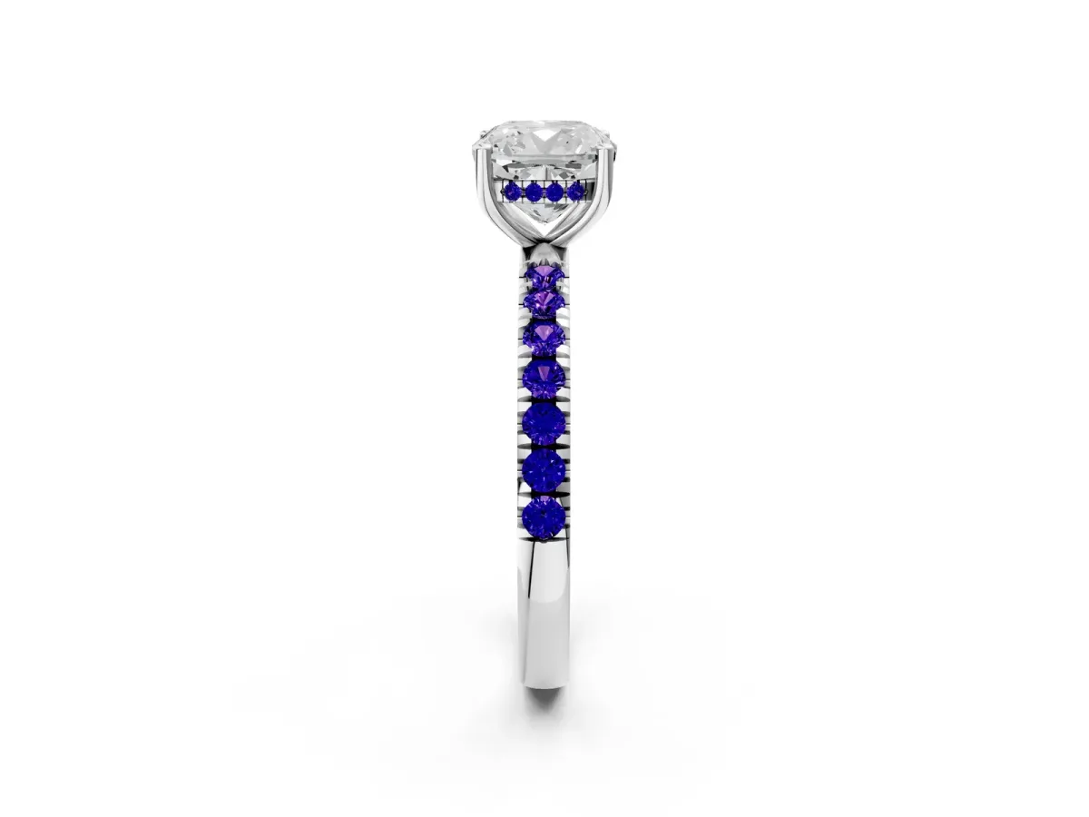 Cushion Cut Diamond Pave Band Solitaire Ring with Round Tanzanite and Prong Setting Platinum