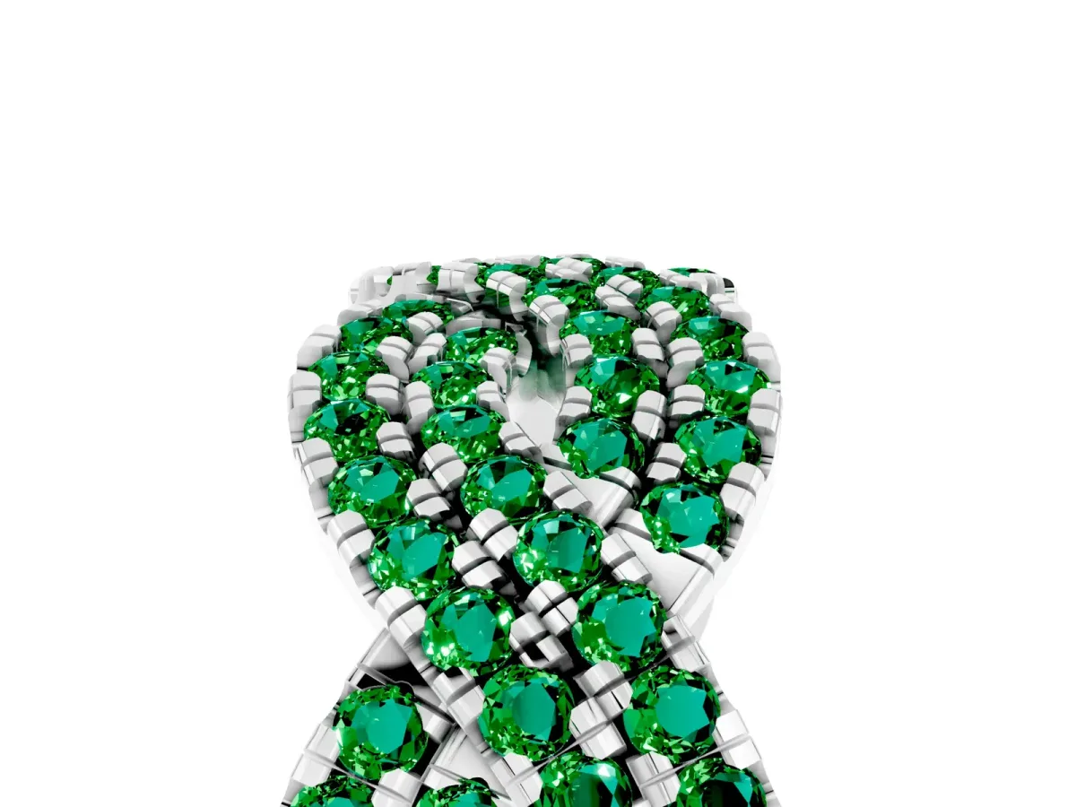 Pavé Round Emerald Infinity Twist Band with Shared Prong Setting White gold