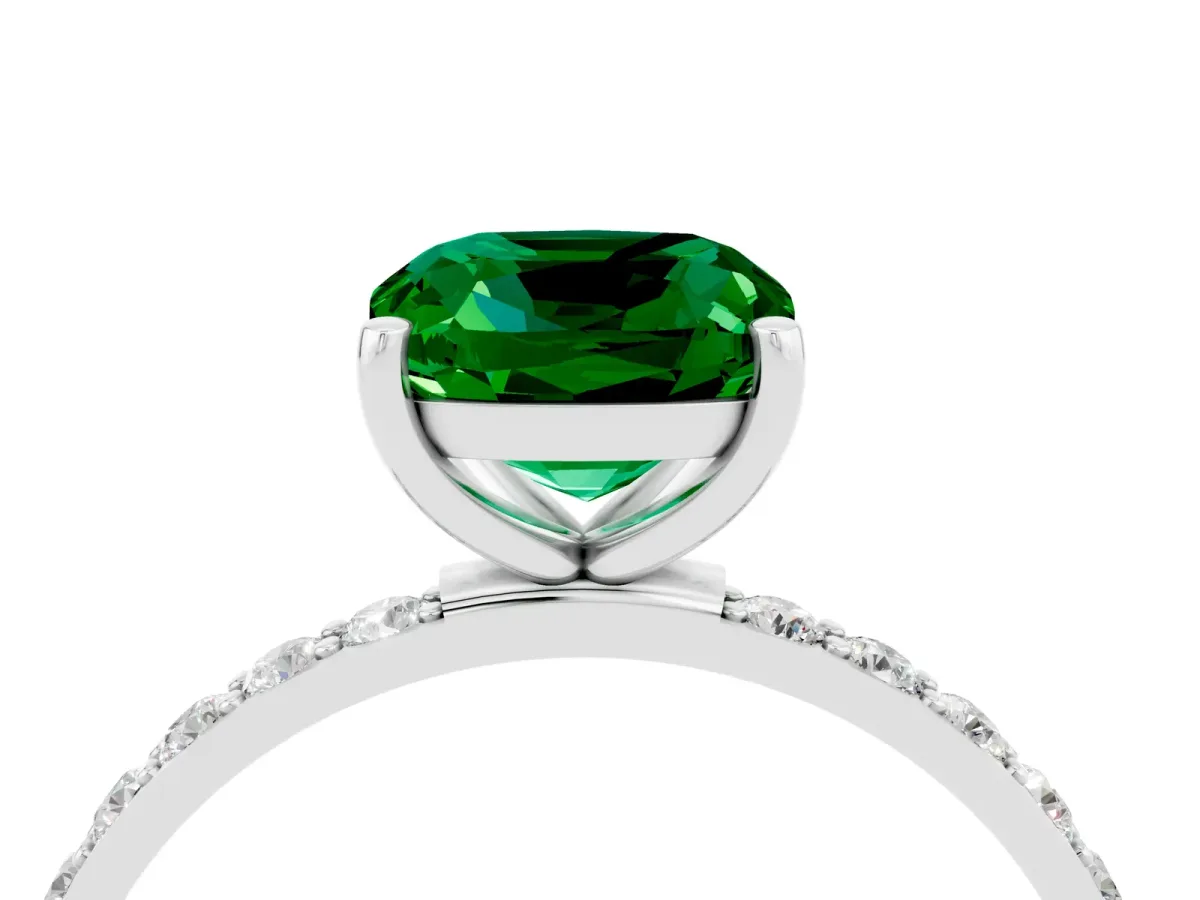 Cushion Cut Emerald Solitaire Ring with Round Pavé Band and Prong Setting White gold