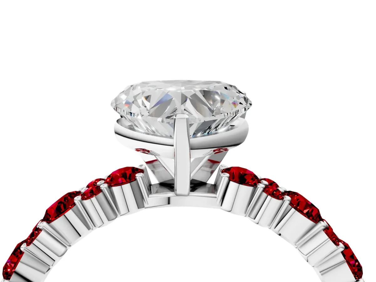 Heart Cut Diamond Side Stone Solitaire Ring with Round Ruby and Four-Prong Setting Platinum