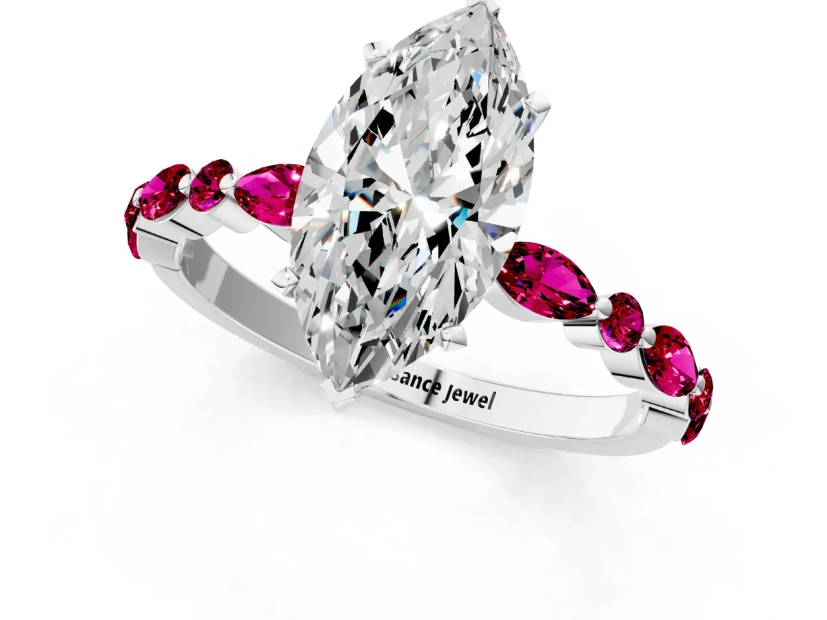 Marquise Cut Diamond Ring with Marquise and Round Garnet Side Stones and Four-Prong Setting Silver