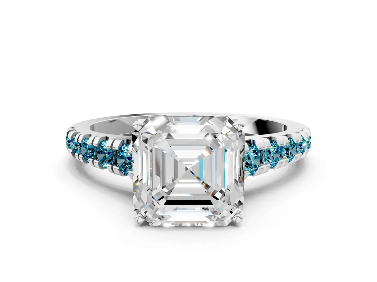 Asscher Cut Diamond Cathedral Solitaire Ring with Round Blue Topaz Pavé Band Silver