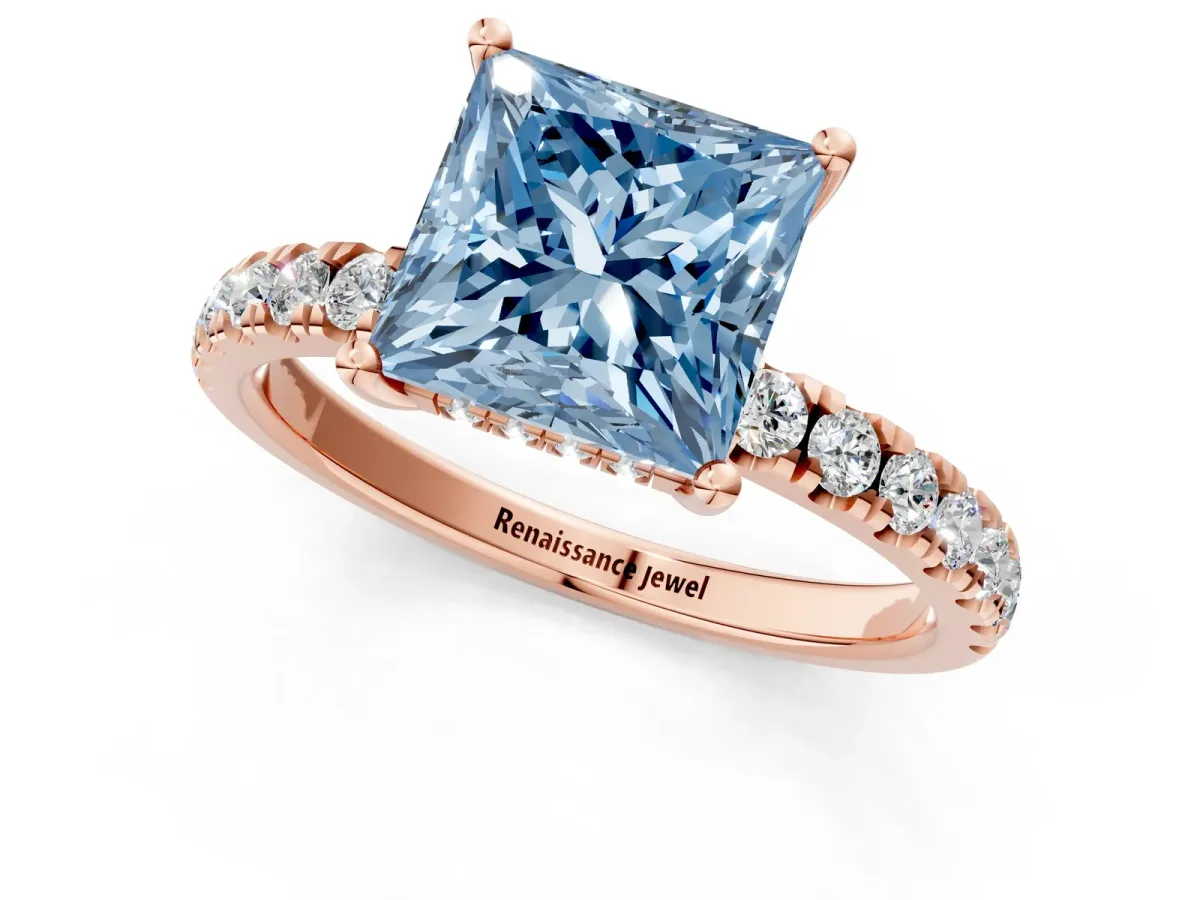 Fancy Blue Princess Cut Diamond Pave Band Solitaire Ring with Round and Prong Setting Rose gold