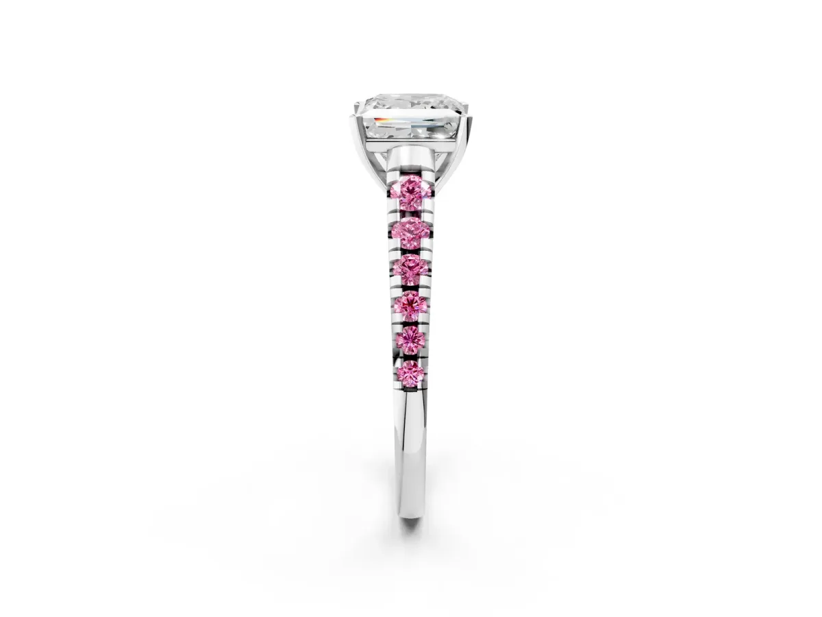 Princess Cut Diamond Cathedral Solitaire Ring with Round Pink Sapphire Pavé Band Silver