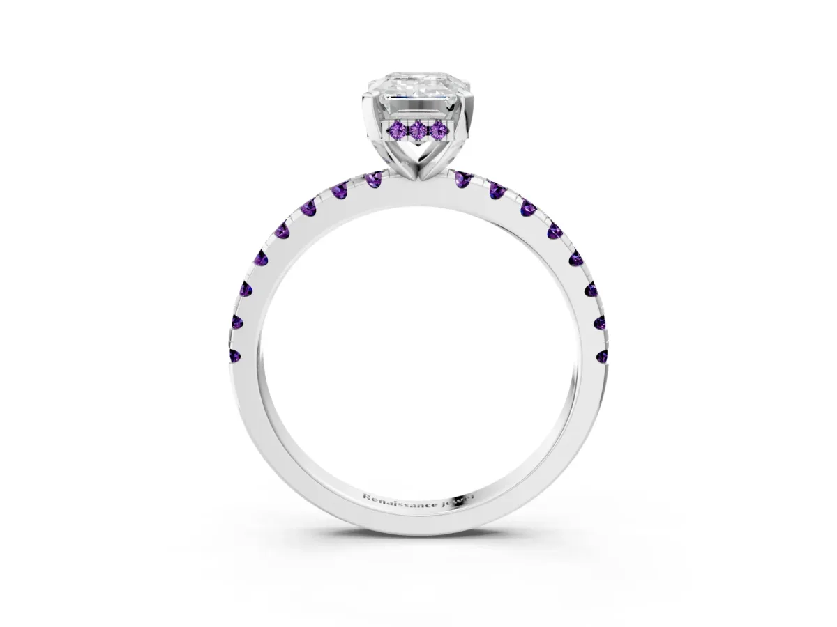 Emerald Cut Diamond Solitaire Ring with Round Amethyst Pavé Band and Four-Prong Setting Platinum