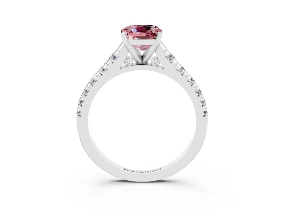 Cushion Cut Morganite Cathedral Solitaire Ring with Round Pavé Band Silver