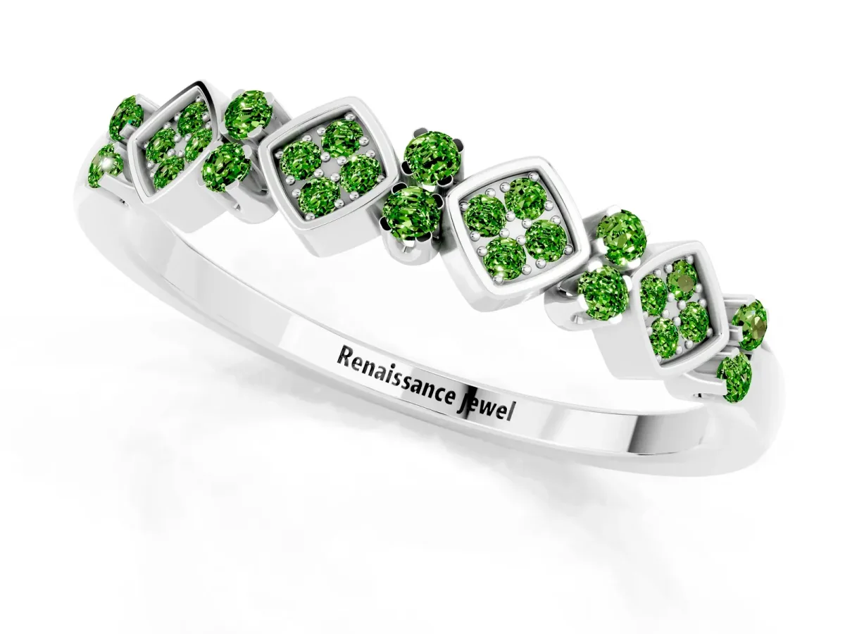 Pavé Cushion Peridot Cluster Eternity Band with Prong Setting White gold