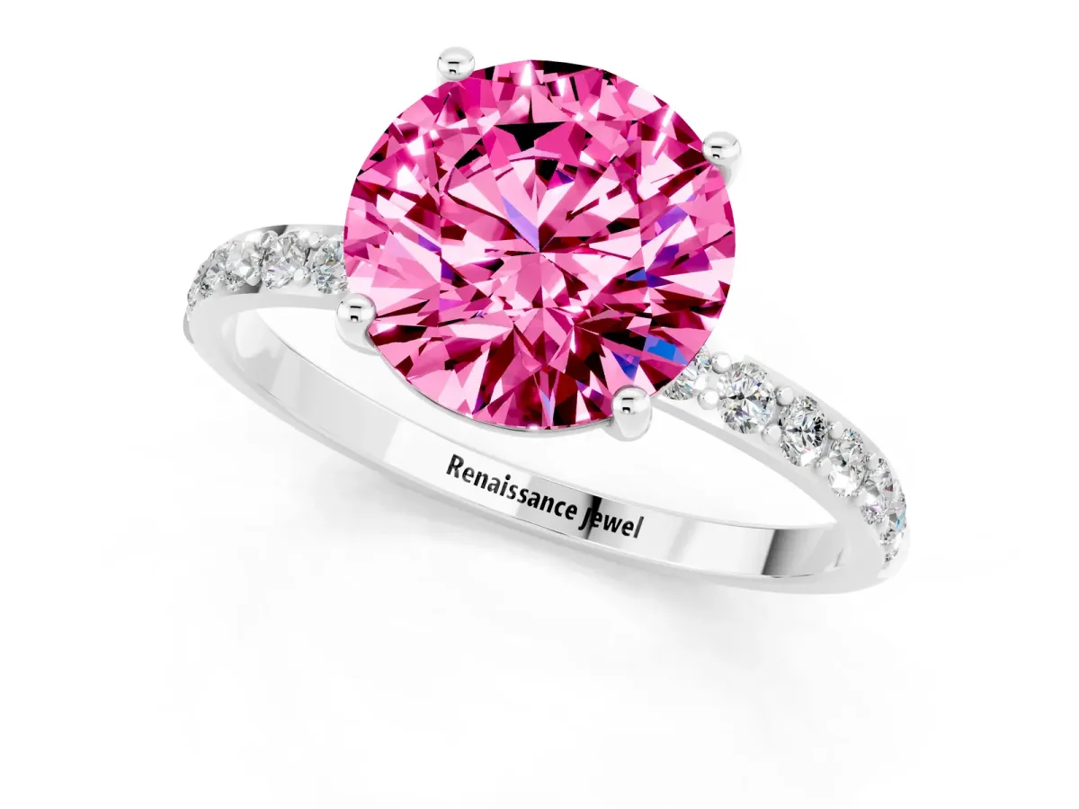 Round Cut Pink Sapphire Solitaire Ring with Round Pavé Band and Prong Setting Platinum