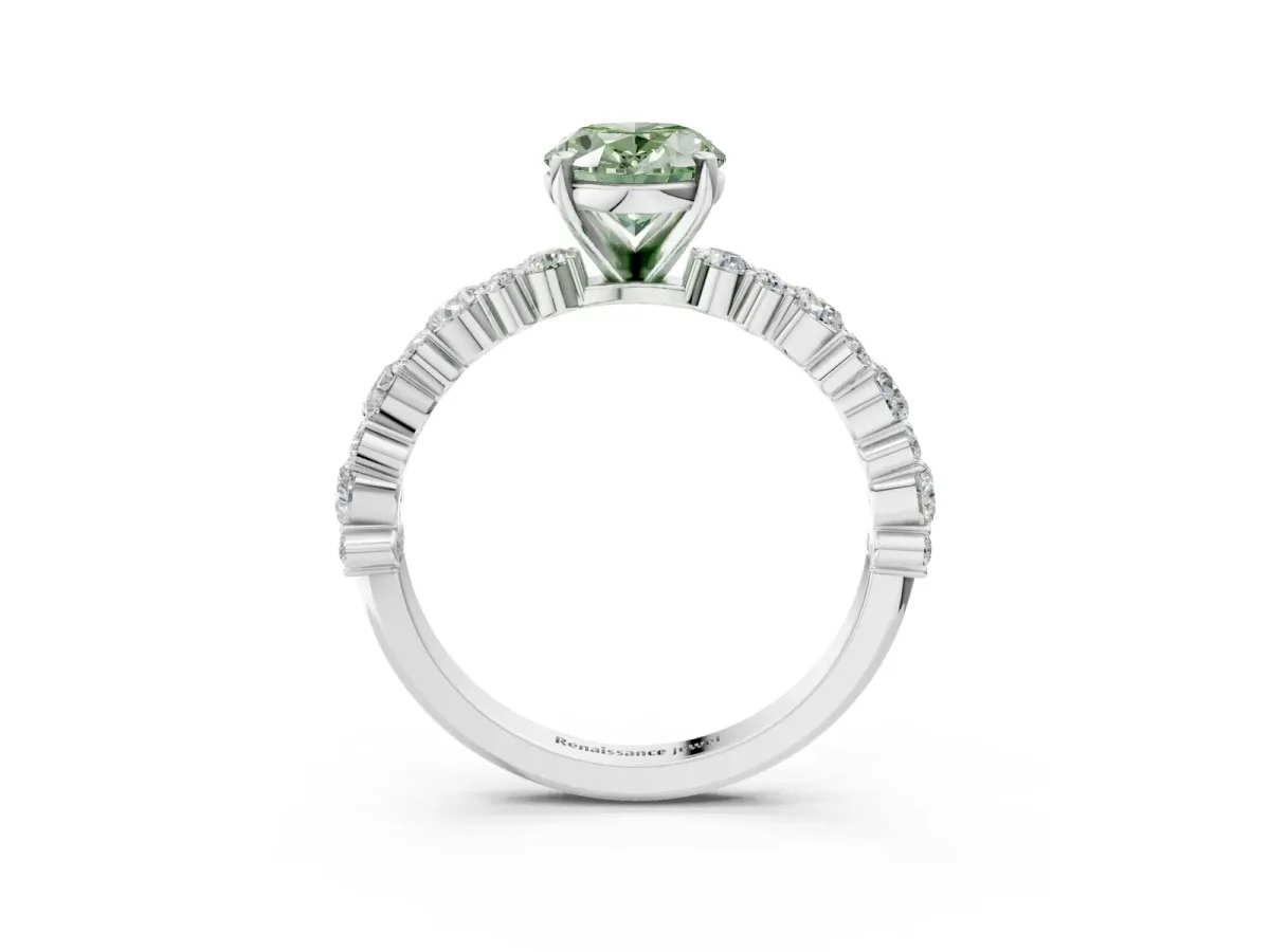 Fancy Green Oval Cut Diamond Side Stone Solitaire Ring with Round and Four-Prong Setting Platinum