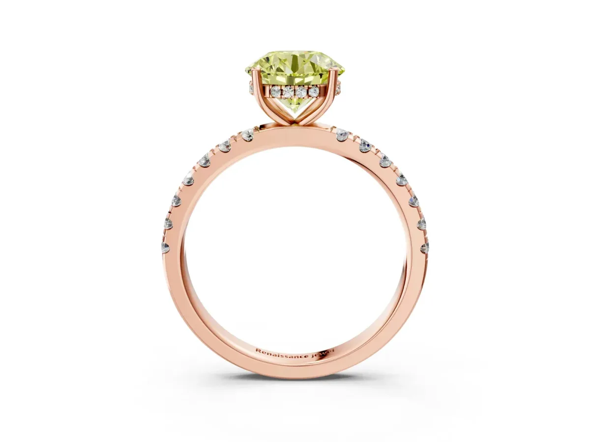 Fancy Yellow Round Cut Diamond Pave Band Solitaire Ring with Round and Prong Setting Rose gold