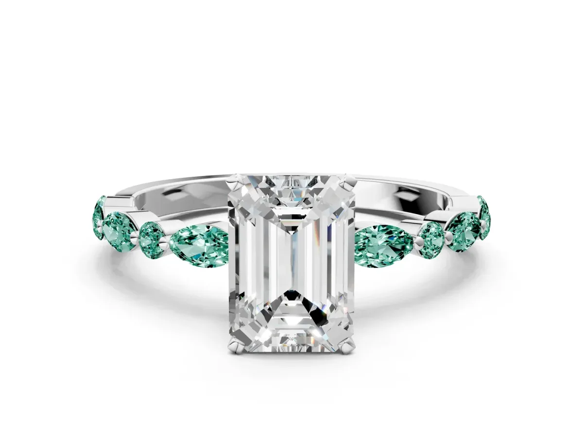 Emerald Cut Diamond Ring with Marquise and Round Green Sapphire Side Stones and Four-Prong Setting Silver