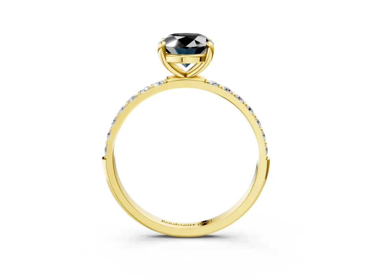 Fancy Black Oval Cut Diamond Solitaire Ring with Round Pavé Band and Prong Setting Yellow gold