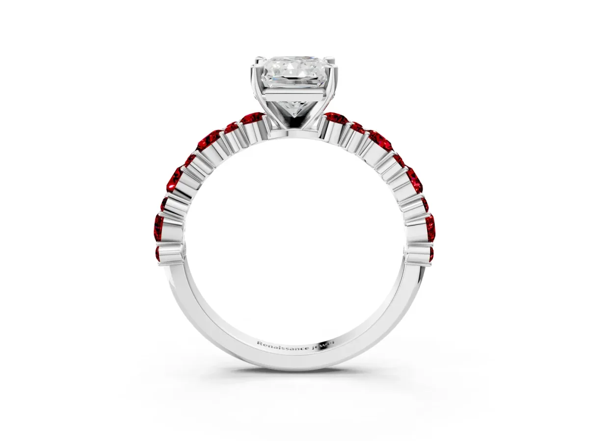Radiant Cut Diamond Side Stone Solitaire Ring with Round Ruby and Four-Prong Setting Platinum