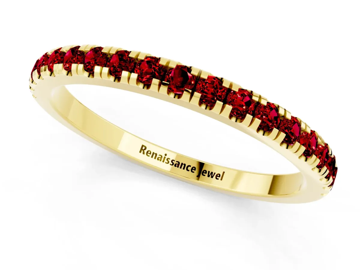 Pavé Round Ruby Half Eternity Band with Shared Prong Setting Yellow gold