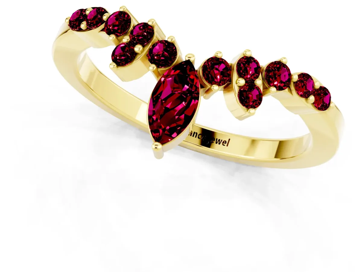 Marquise and Round Garnet Chevron Band with Prong Setting Yellow gold