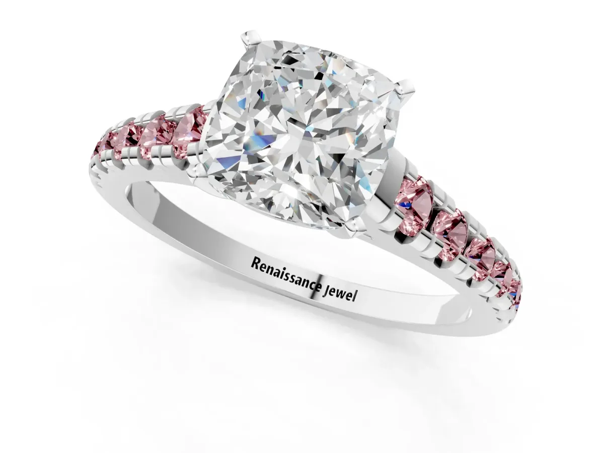 Cushion Cut Diamond Cathedral Solitaire Ring with Round Morganite Pavé Band Platinum