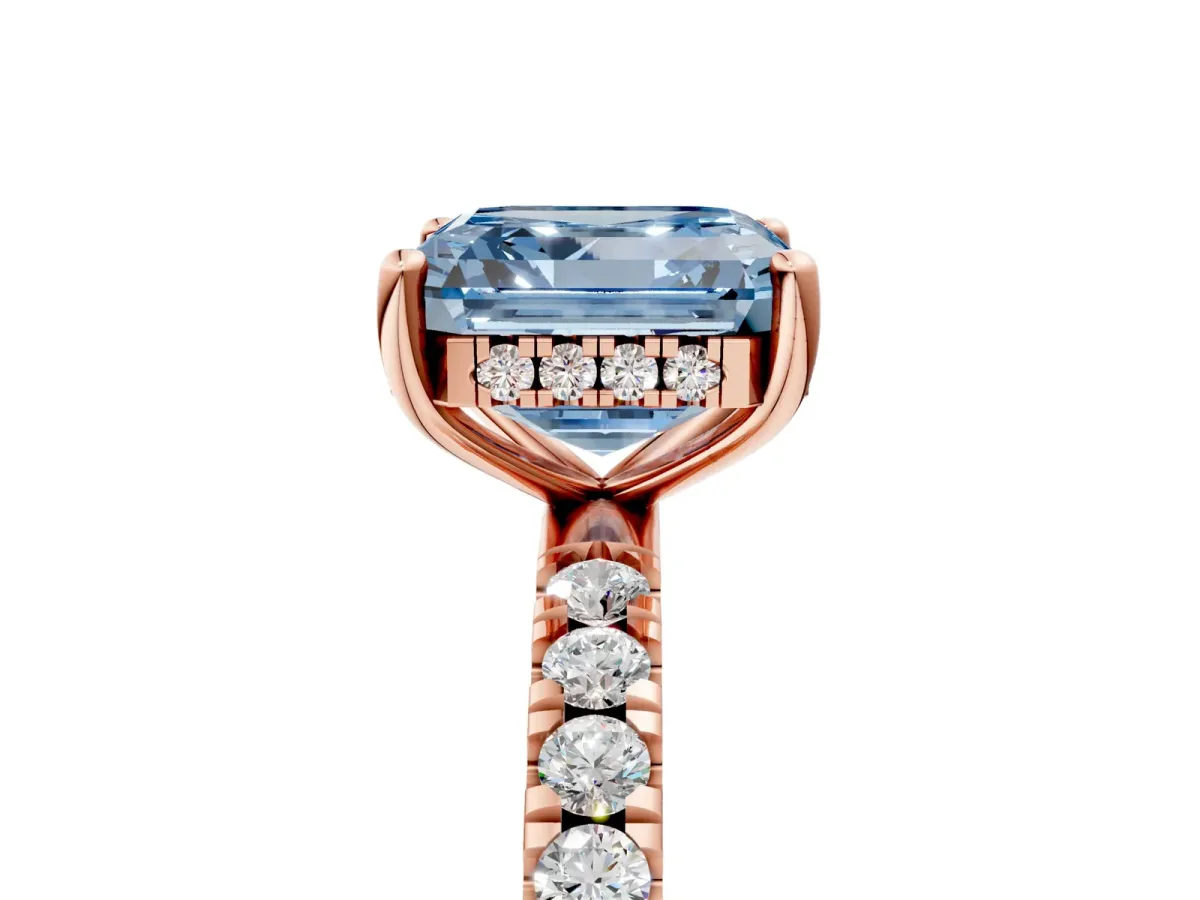 Fancy Blue Asscher Cut Diamond Pave Band Solitaire Ring with Round and Prong Setting Rose gold