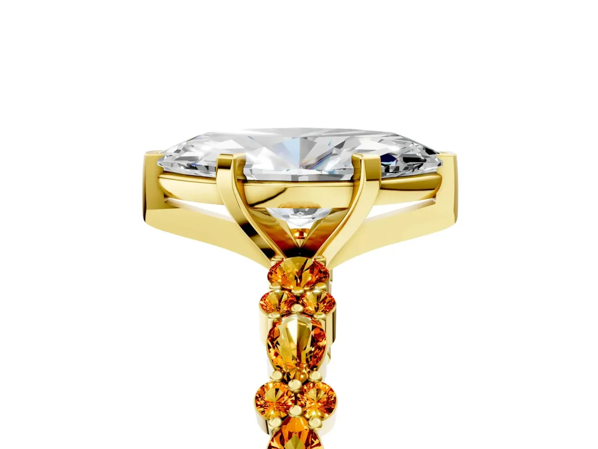 Marquise Cut Diamond Side Stone Solitaire Ring with Round Citrine and Four-Prong Setting Yellow gold