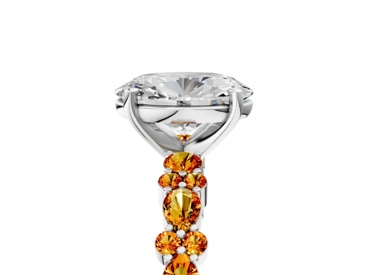 Oval Cut Diamond Side Stone Solitaire Ring with Round Citrine and Four-Prong Setting White gold