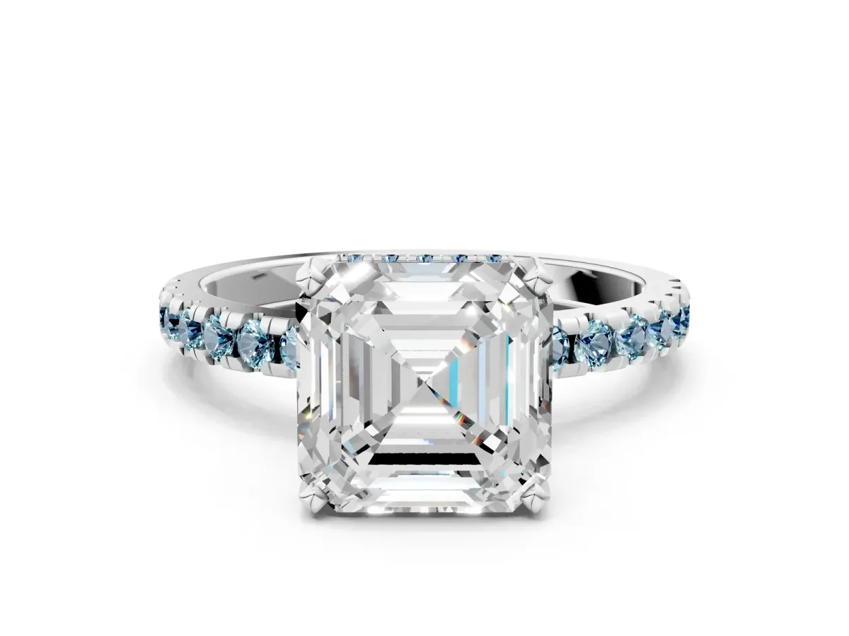 Asscher Cut Diamond Solitaire Ring with Round Aquamarine Pavé Band and Four-Prong Setting Silver