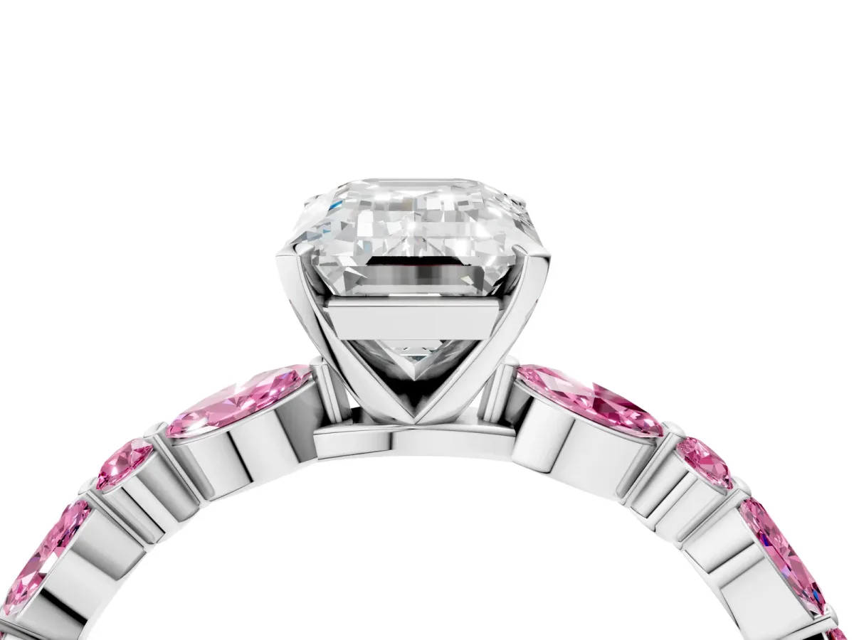 Emerald Cut Diamond Ring with Marquise and Round Pink Sapphire Side Stones and Four-Prong Setting Silver